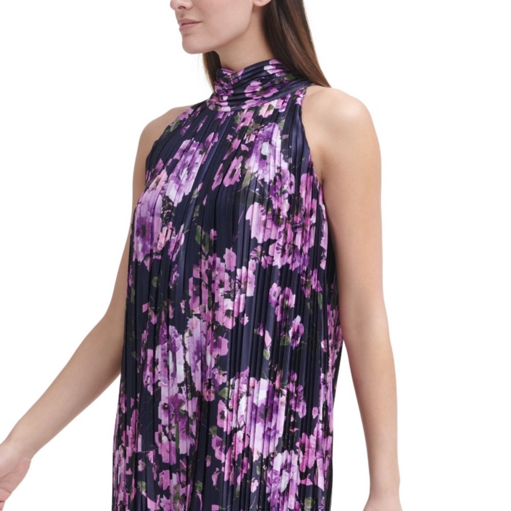 Jessica Howard navy /plum floral, pleated trapeze halter dress women’s size 12